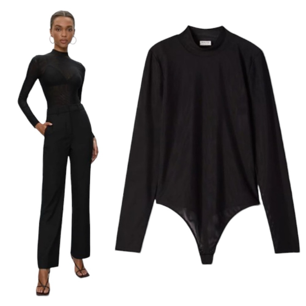 Aritzia Babaton Parlay Sheer Mock Neck Bodysuit Long Sleeve Snap Base Minimalist